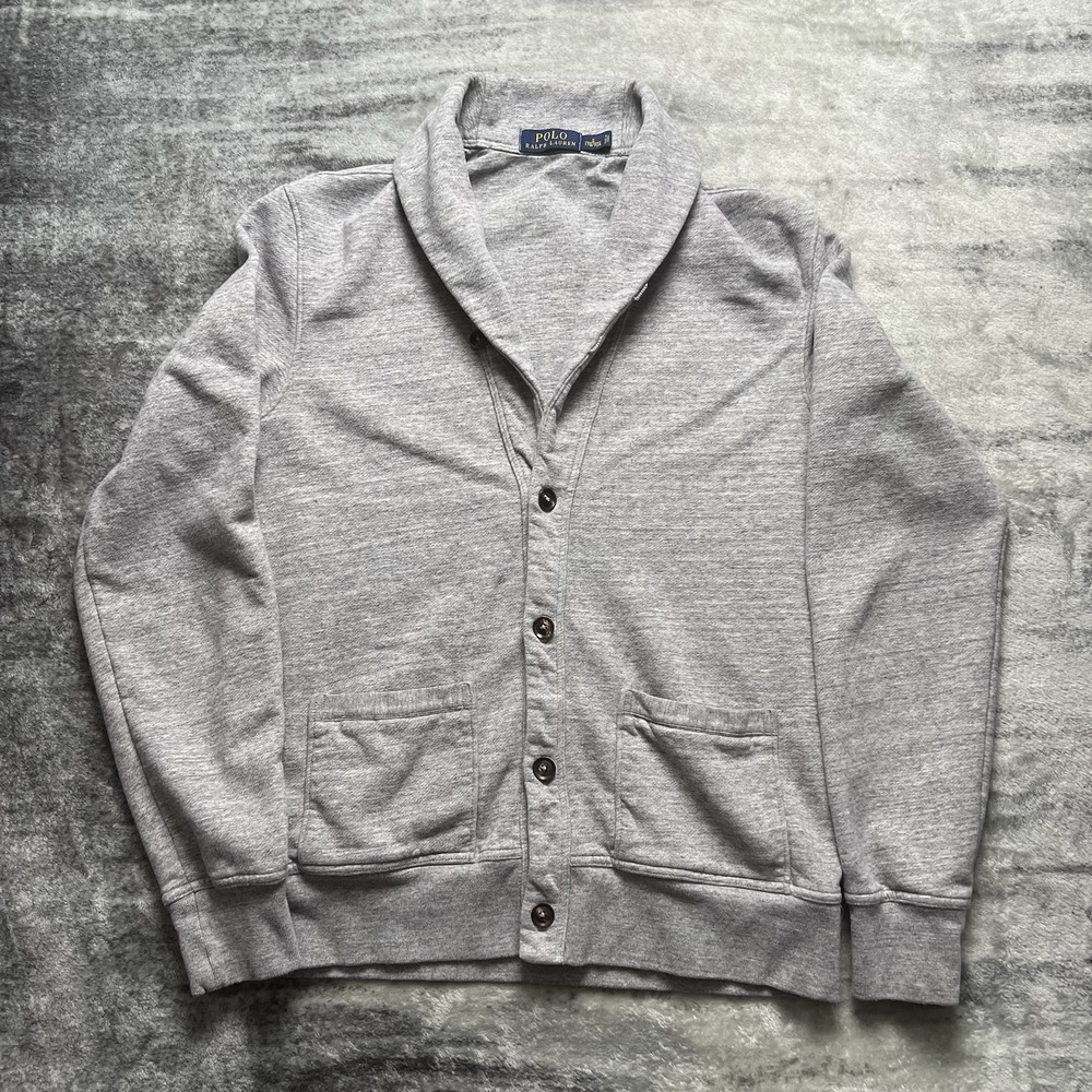 Polo Ralph Lauren Sweatshirt Mens Small Gray Cotton Shawl Collar Cardigan